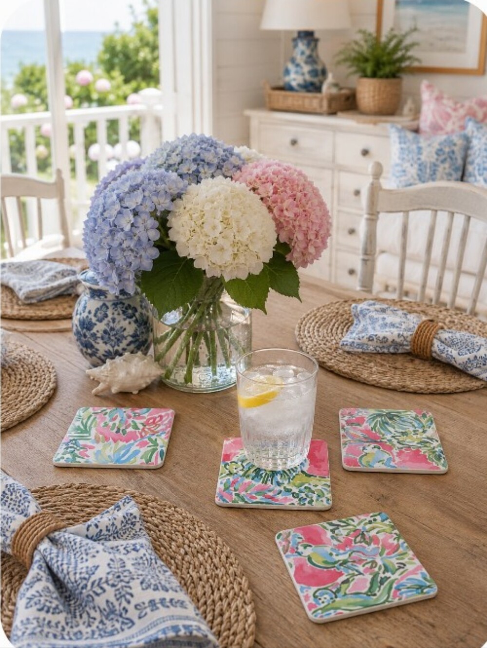 Set Of 4 Handmade Coasters Preppy Coastal Hostess Entertaining Cottage